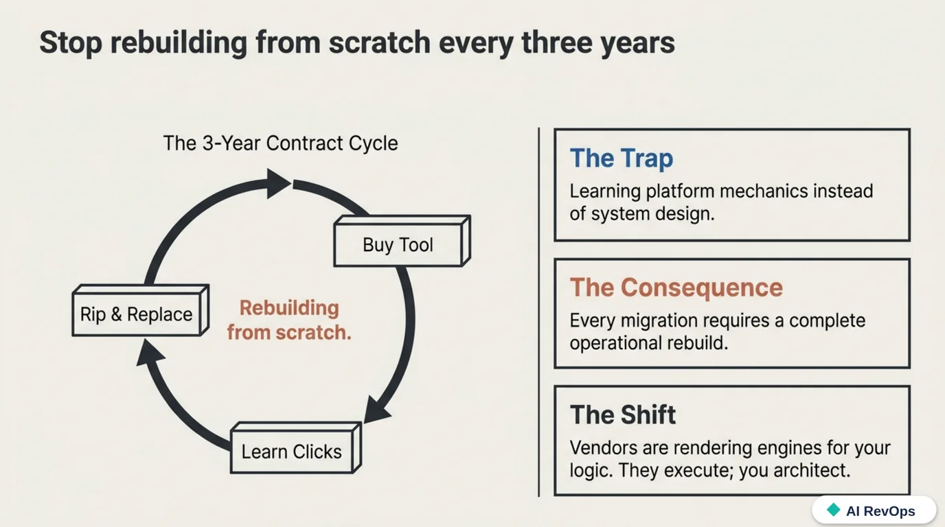 Stop rebuilding from scratch every three years: the three-year contract cycle — buy tool, learn clicks, rip and replace, rebuild from scratch — beside the trap (learning platform mechanics instead of system design), the consequence (every migration forces a full operational rebuild), and the shift (vendors are rendering engines for your logic; they execute, you architect)